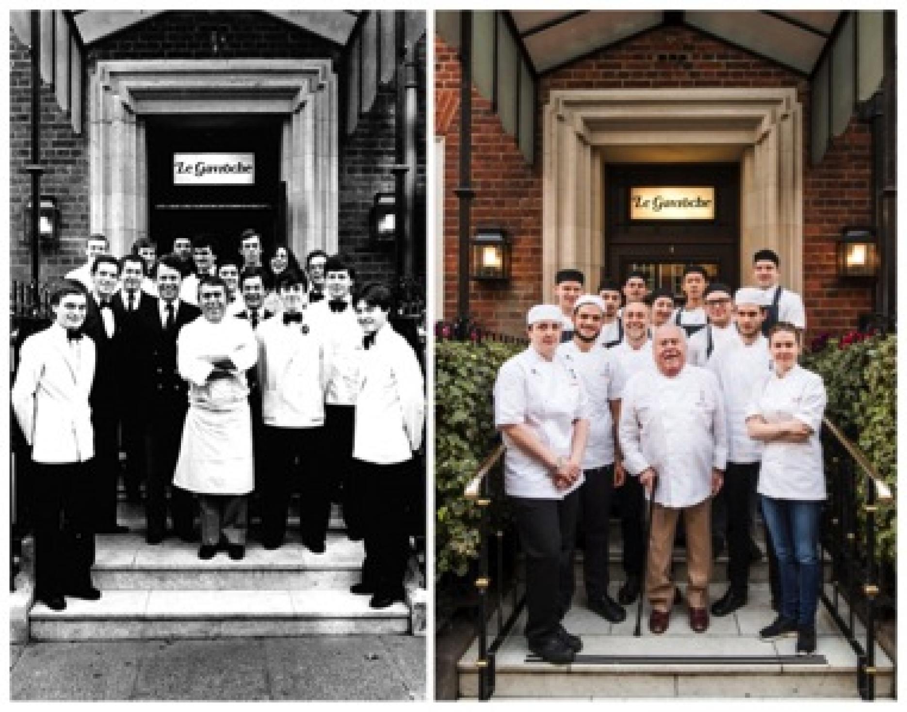 L: Albert Roux and team, 1967 R: Albert Roux, Emily Roux, Michel Roux Jr and team