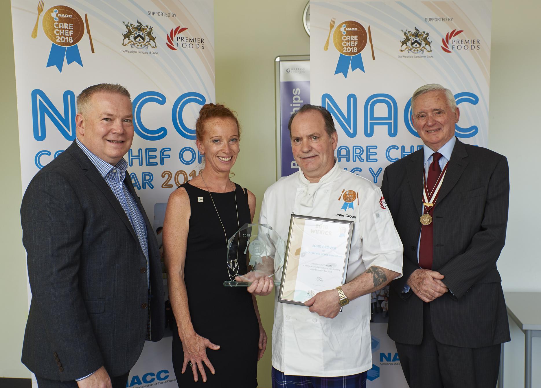 Mark Taylor of Premier Foods; Sophie Murray, deputy chair, NACC; John Grover, NACC Care Chef of the Year 2018; Bev Puxley, head judge care, chef, prize