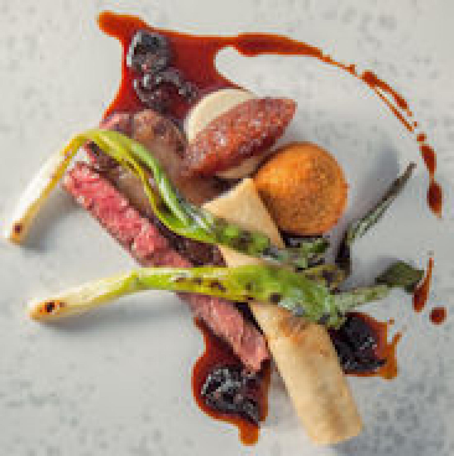 Lake District Farmers Beef Rib Twice Cooked Rib Eye of Beef with a Snail Cigar, Parsley Porridge Bon Bon, Shallot Marmalade and White Onion Royale.