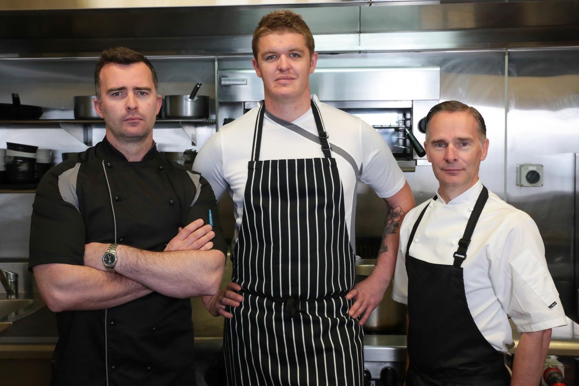 Shaun Marshall (on left), Hayden McMillan and Le Chef founder Mark Gregory (on right) Le Chef launch search for unsung kitchen heroes