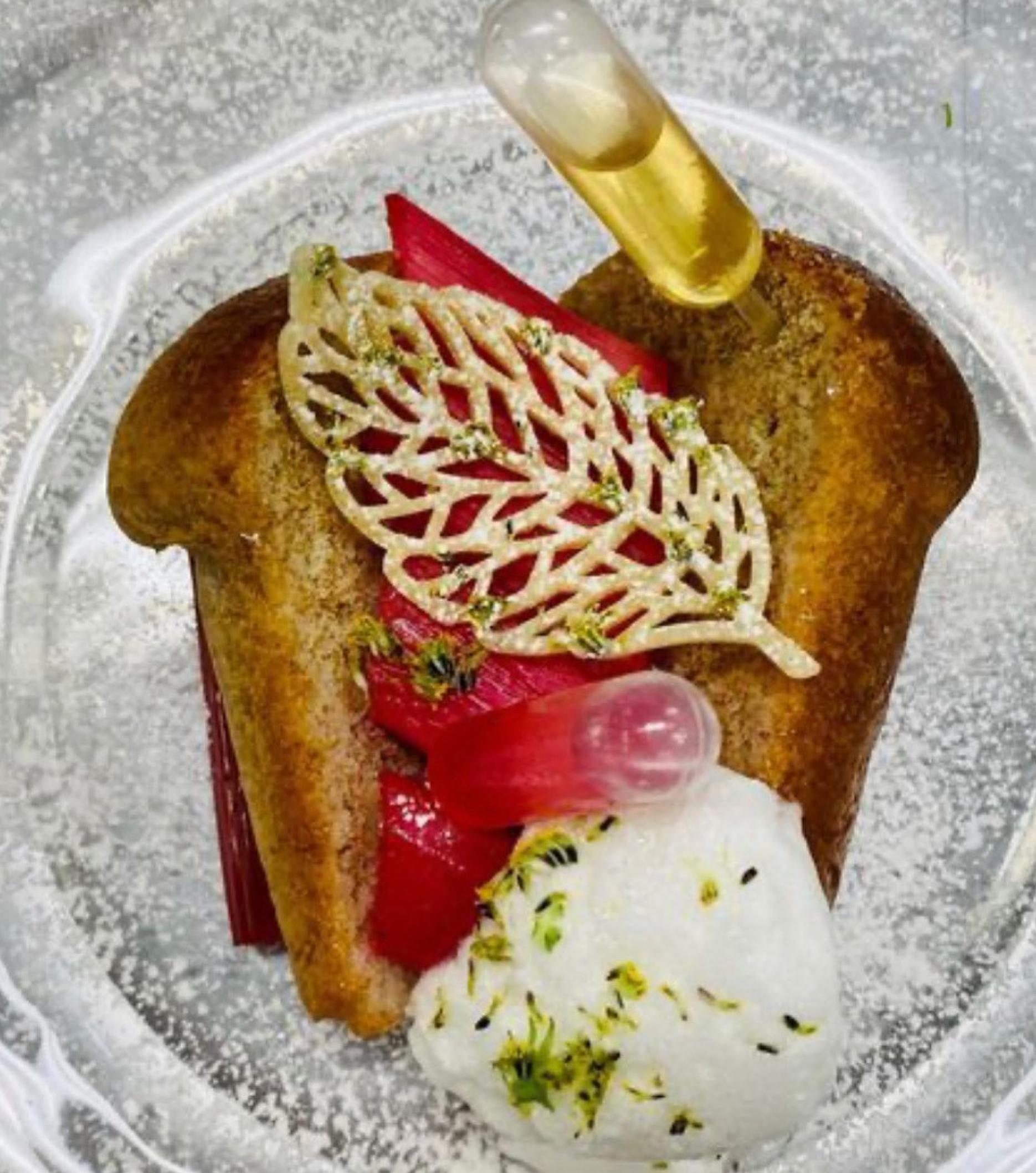 Rum Baba, infused poached rhubarb, Sechuan button custard ice cream, Sechuan button tuille and rhubarb infused Sechuan button cocktail by Kurtus Auty. Rum Baba, infused poached rhubarb, Sechuan button custard ice cream, Sechuan button tuille and rhubarb infused Sechuan button cocktail by Kurtus Auty.