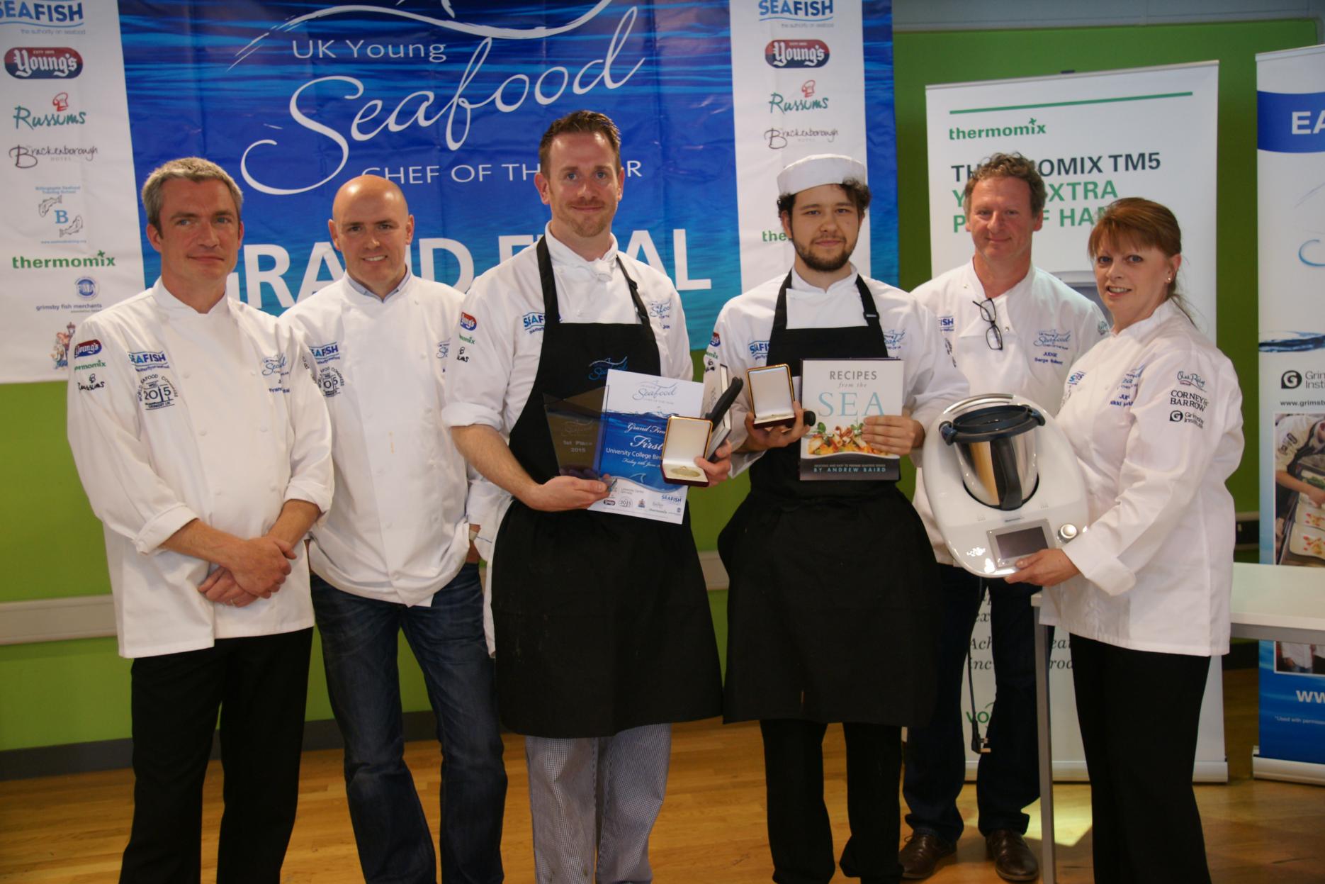 The winners of the UK Young Seafood Chef of the Year Competiton 2015, Tim Jones & Bozhidar Ivanov, pictured with this year's judges University College Birmingham students named top young seafood chefs