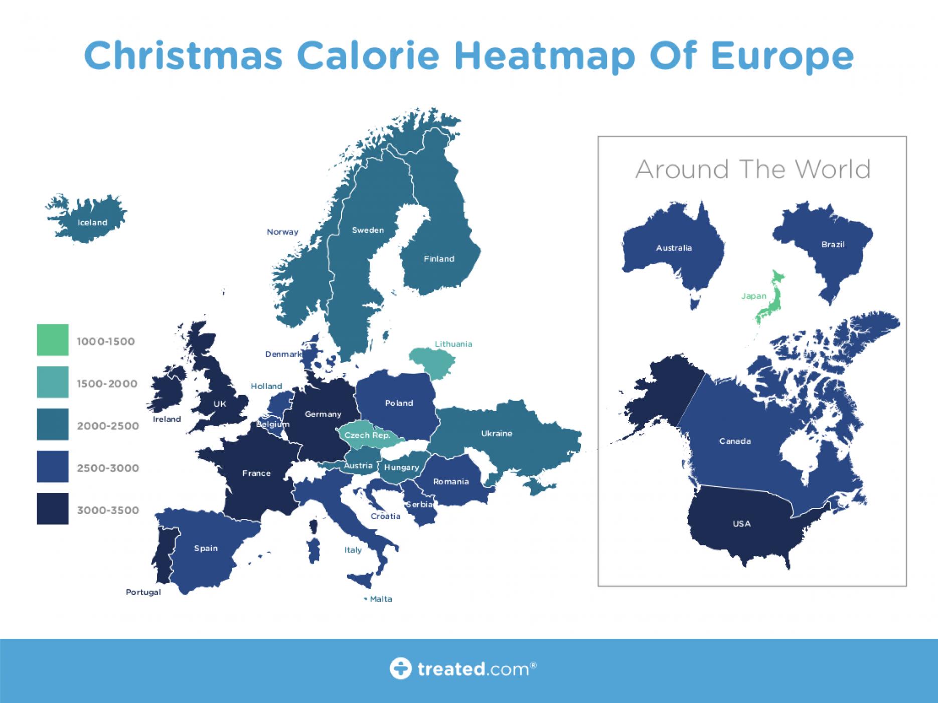 The map detailing the differences in calorie intake on Christmas Day