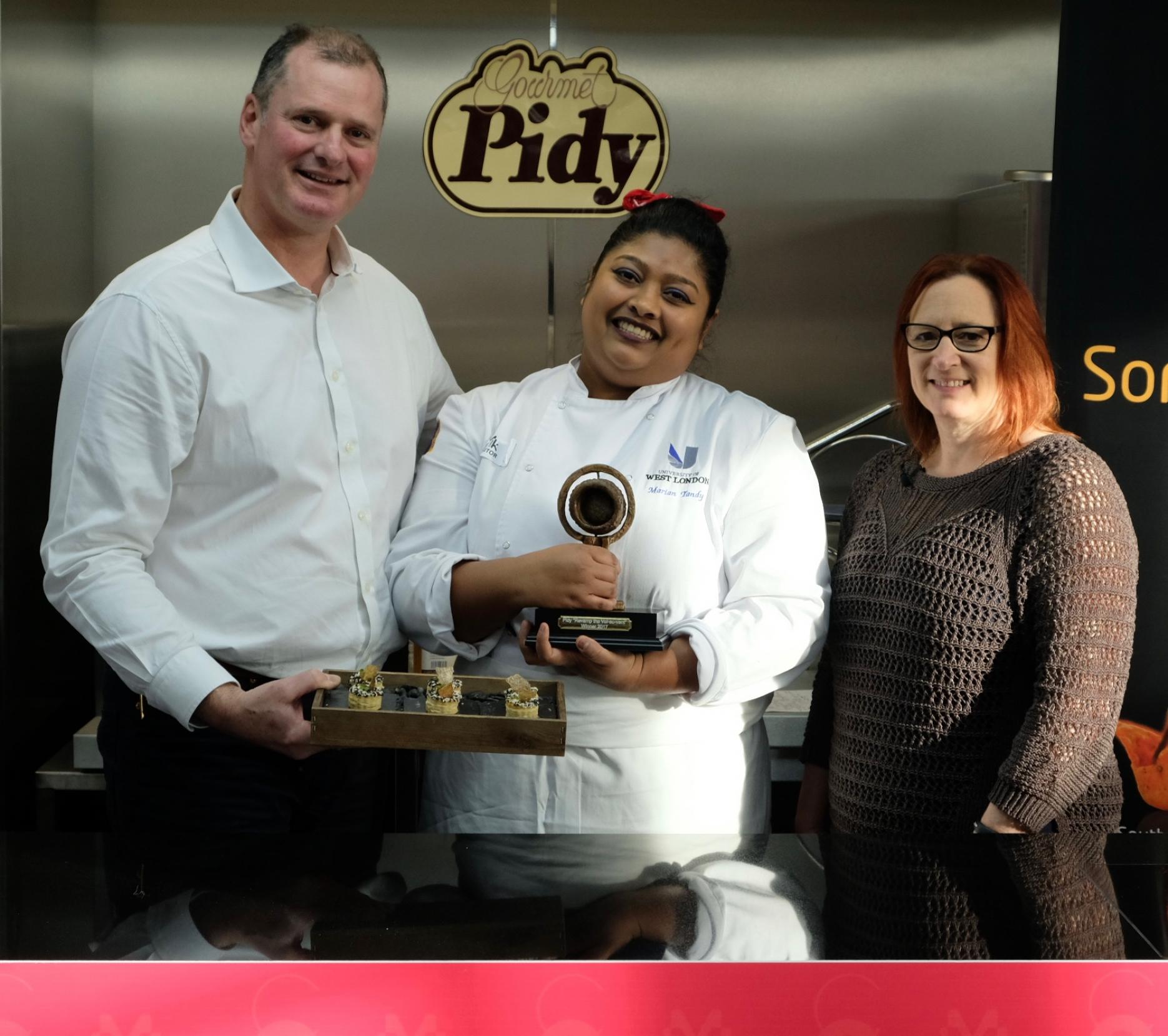 2017 winner Marian Tandy with Robert Whittle and judge Claire Clark Pidy 'Vol au Vent' Challenge 2017 winner Marian Tandy