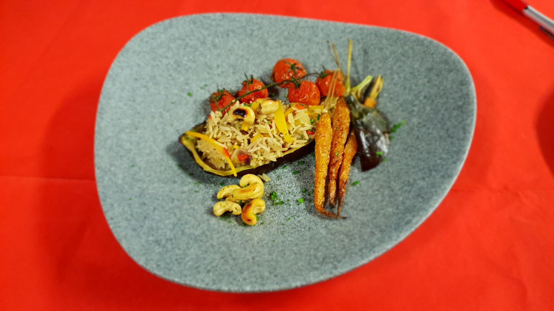 cashew and basmati stuffed aubergine with roasted vegetables Sheffield College discovers the art of rice Tilda Rice innovation Day