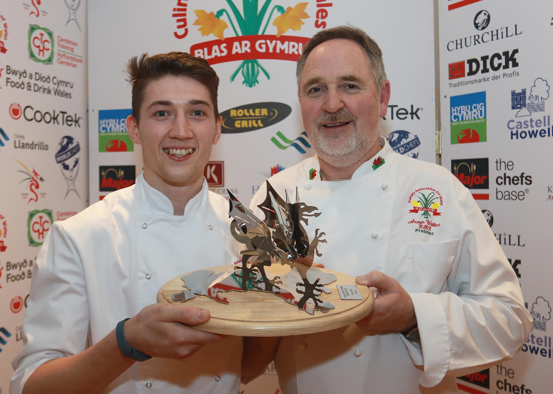 2019 Junior Chef of Wales, Sion Hughes with Culinary Association of Wales president Arwyn Watkins, OBE,