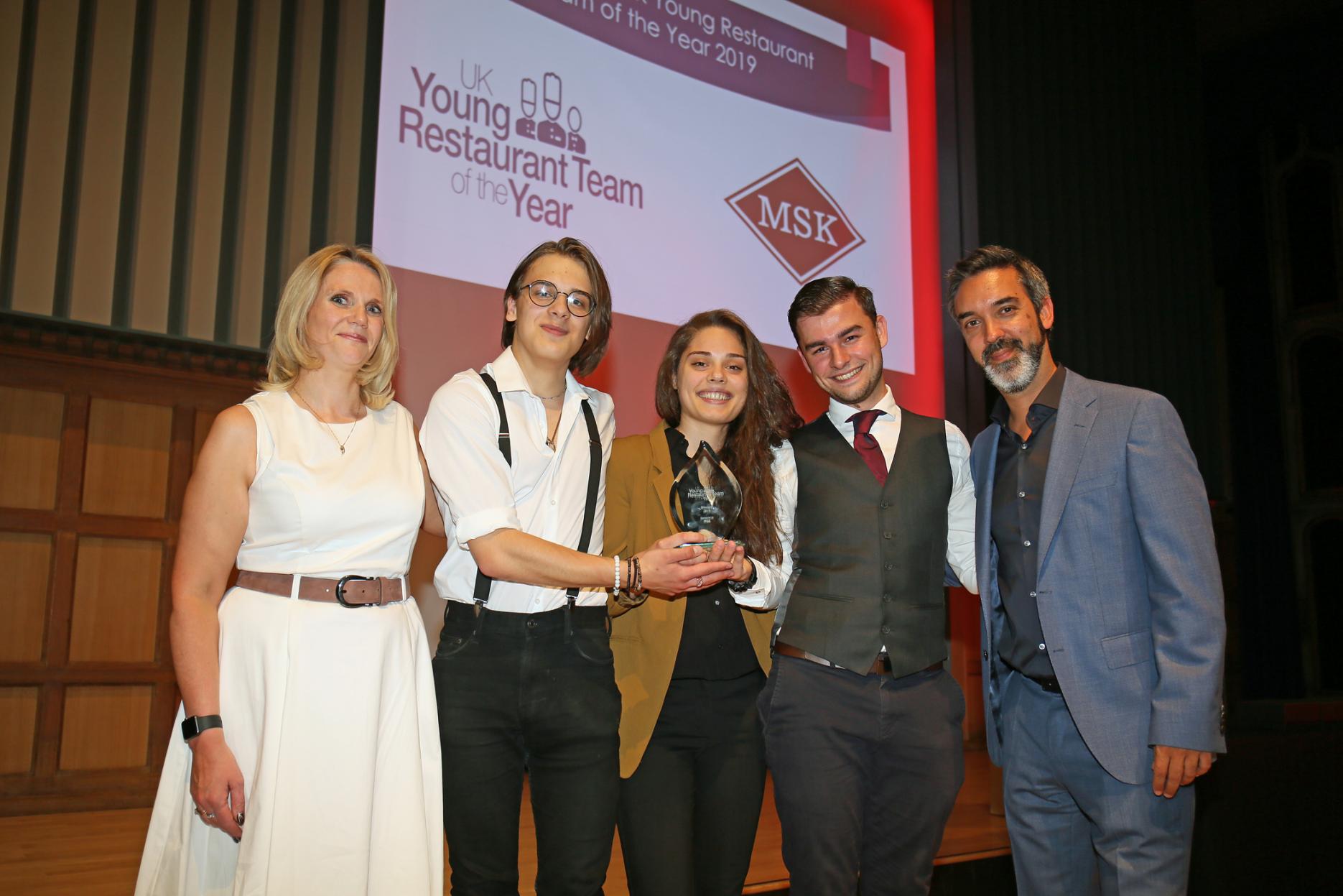 Vicky Enderson pictured with the Westminster Kingsway College Team of Nikoleta Theofylakitdou, Joe Peacock, Nikita Shepelev and guest judge Henrique Sá Pessoa UK Young Restaurant Team of the Year announced