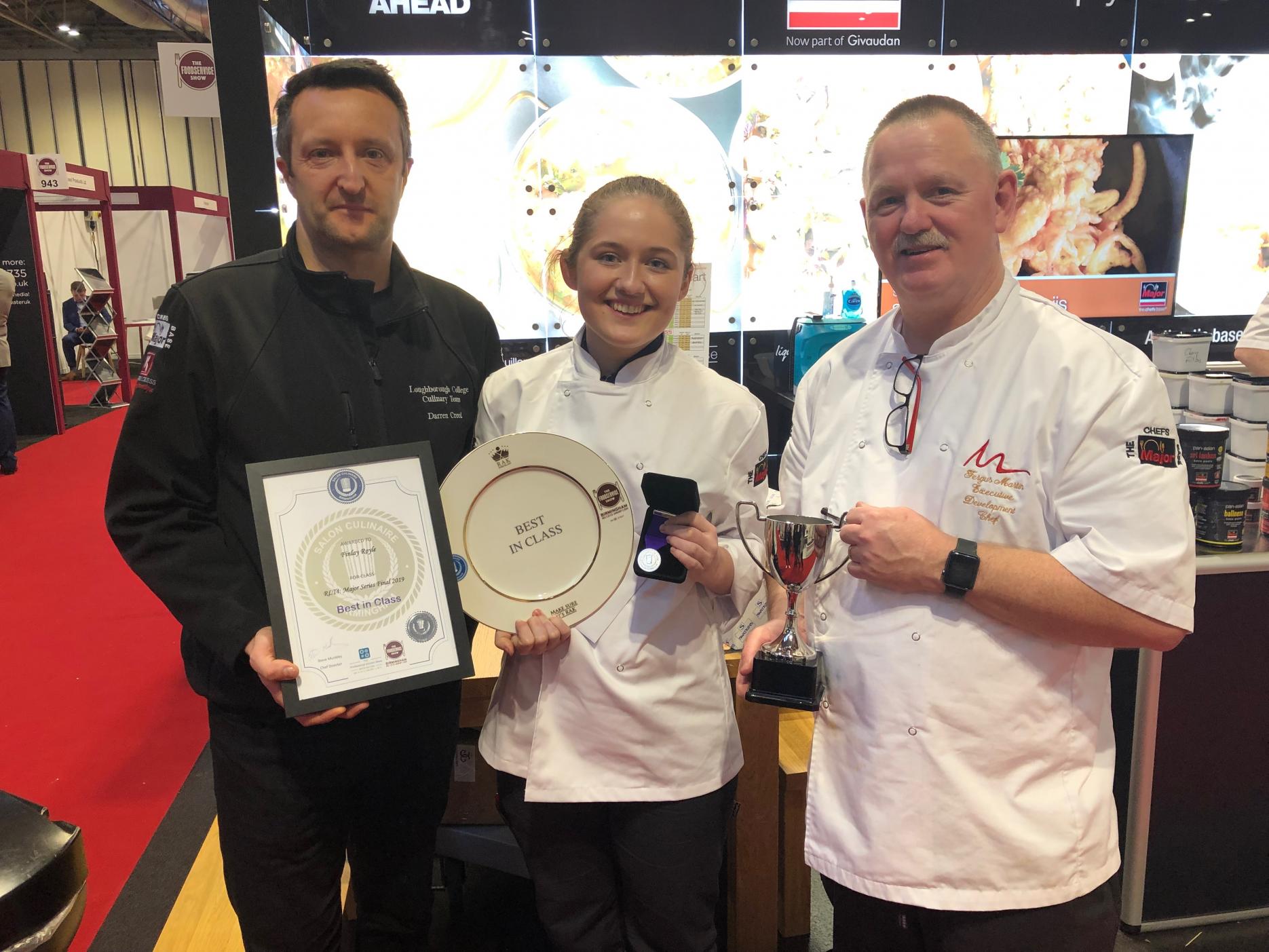Winner Finlay with her lecturer, Darren Creed and Fergus Martin